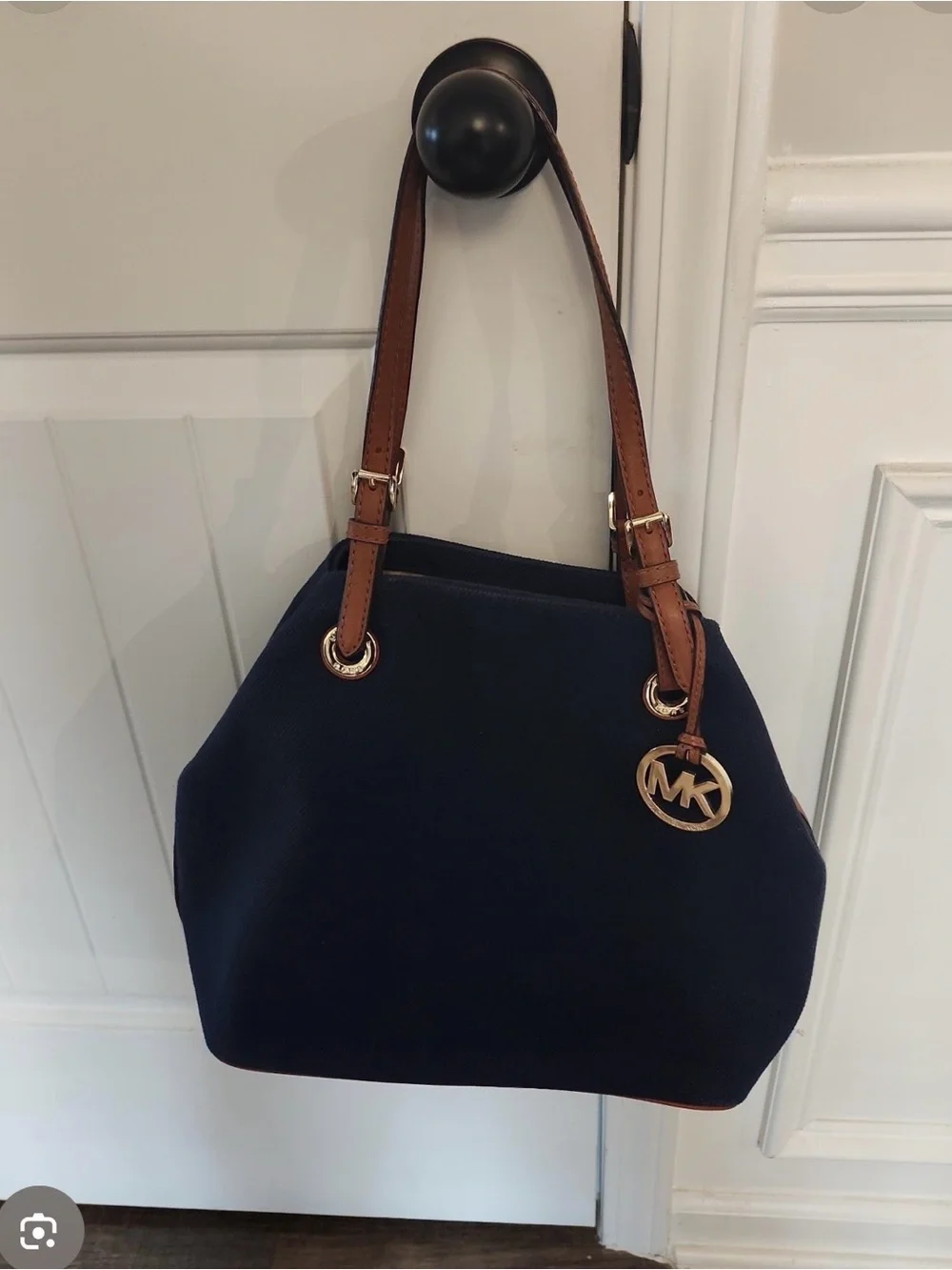 Michael Kors Navy Shoulder Tote with Brown Leather Straps